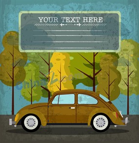 复古做旧效果轿车和树木矢量